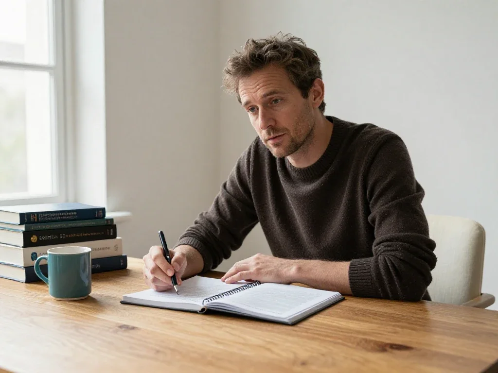Un expert français partage ses conseils stratégiques sur un carnet dans un bureau chaleureux.