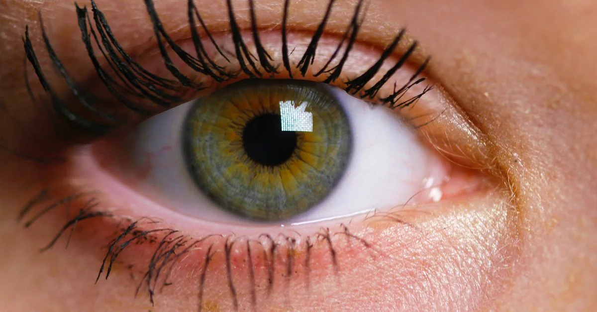 Gros plan détaillé d'un œil humain à l'iris vert et aux longs cils, reflétant la lumière.